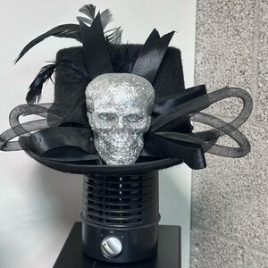 Black Top Hat with Silver Glitter Skull Decoration - Halloween